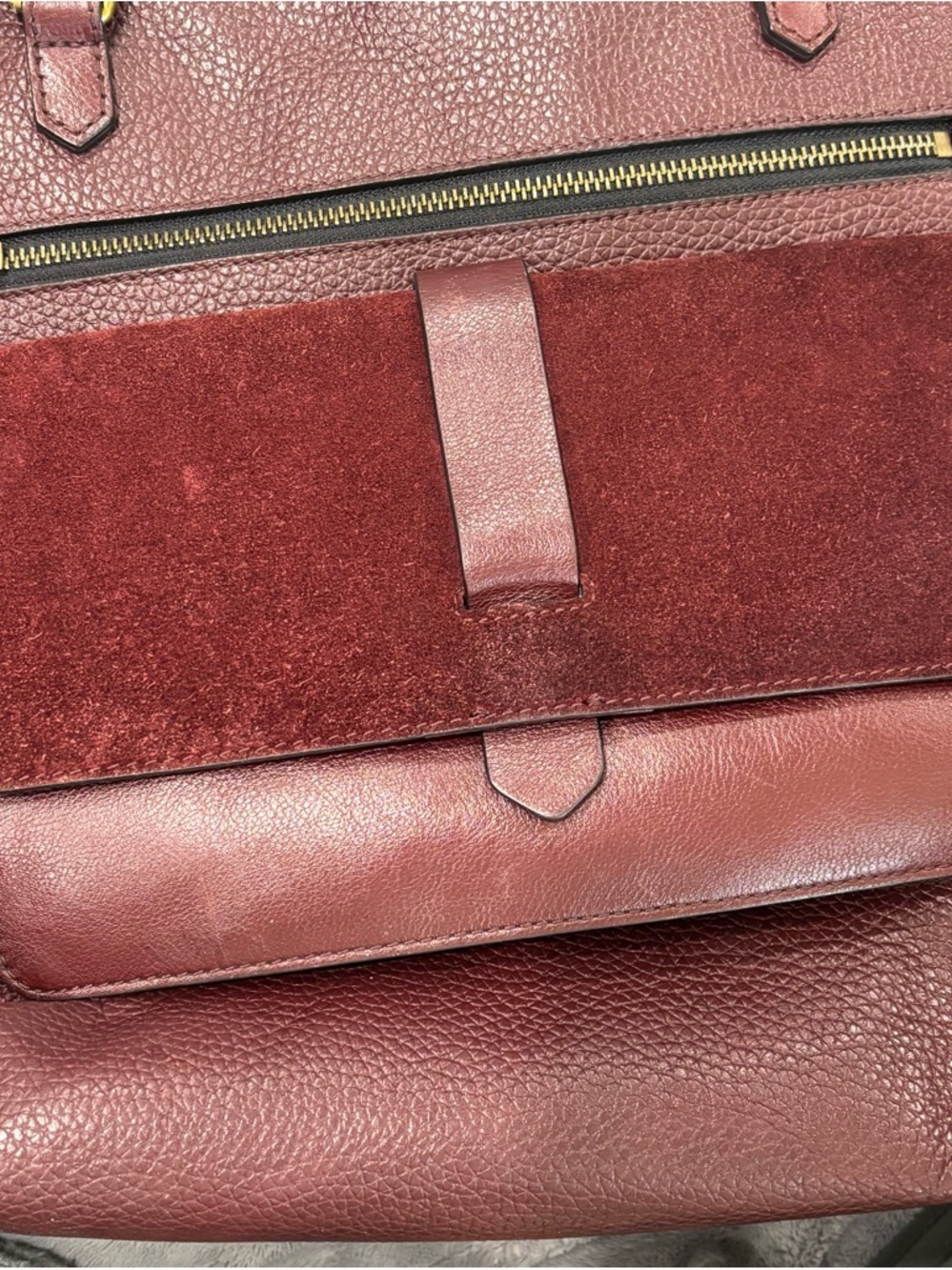 Fossil Kinley Leather and Suede Shopper Tote in Claret Red with gold hardware - Picture 10 of 14